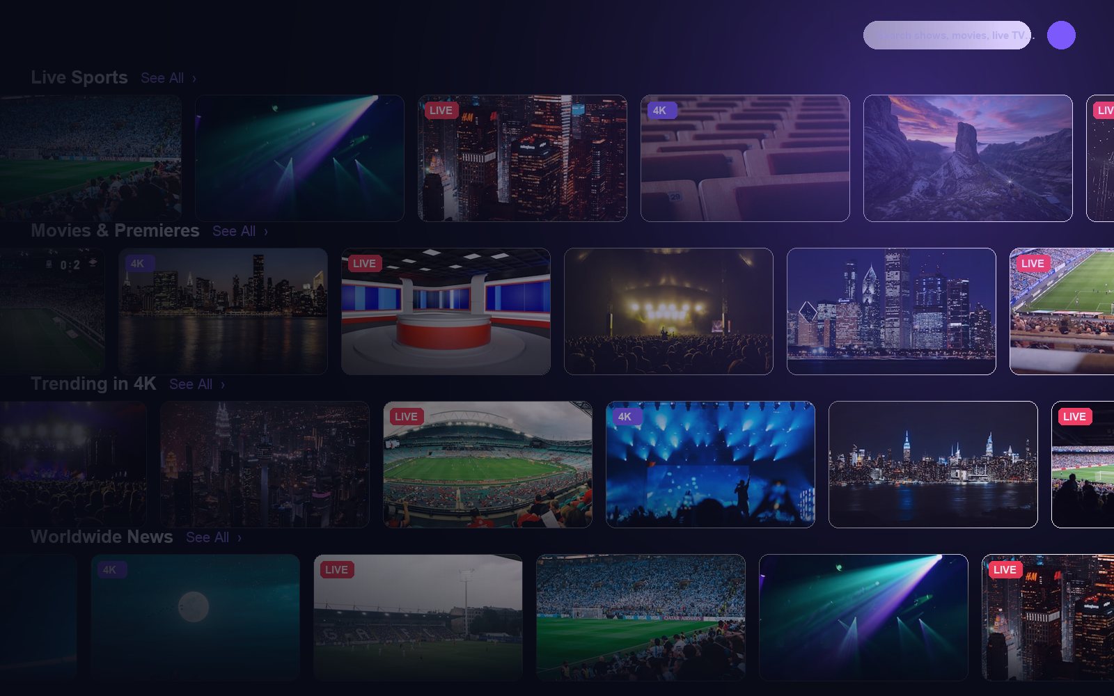 StreamForUs IPTV — a wall of live channels, movies and series streaming in 4K